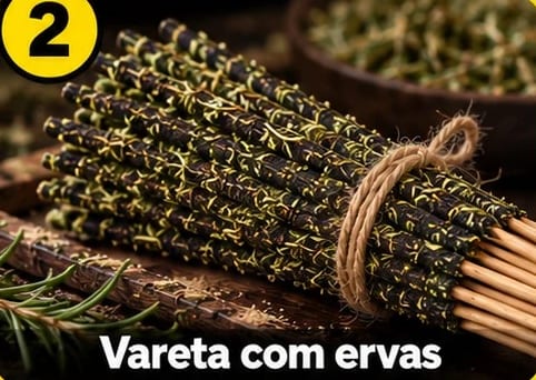 Vareta com ervas: feixe de varetas escuras cobertas de ervas, amarrado com barbante