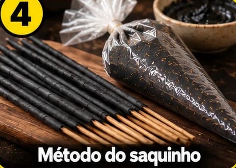 Método do saquinho: varetas pretas ao lado de um saquinho com a massa escura