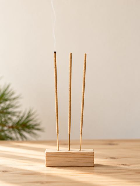 Três incensos artesanais num suporte de madeira, um deles aceso com um fio fino de fumaça